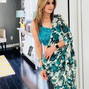 Floral Blue and White Saree with Blouse